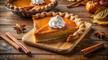 Fototapeta premium A slice of pumpkin pie with whipped cream on a wooden board, surrounded by cinnamon sticks and star anise