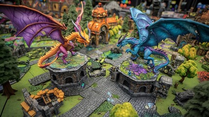Obraz premium Visually Captivating Fantasy Adventure Board Game Featuring Mythical Creatures Exploring Enchanted Landscapes and Kingdoms