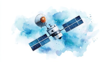 Obraz premium Illustration of a satellite in orbit with a colorful watercolor background.