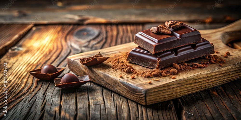 Poster a close-up of dark chocolate squares stacked on a wooden cutting board with cocoa powder and chocola