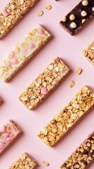 arrangement of different granola bars on a solid background