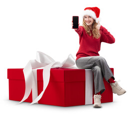 Woman with Christmas present gift box she showing the smartphone and wears Santa hat. Template for commercial sign. Store and mall Billboard top deals and sale, holiday offer or online shopping banner