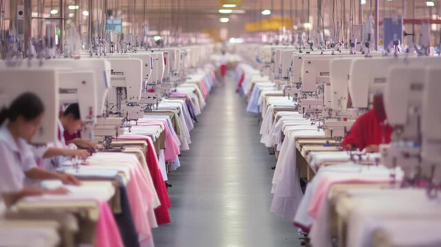 Workers expertly sew vibrant shirts in a large textile factory, showing their skill