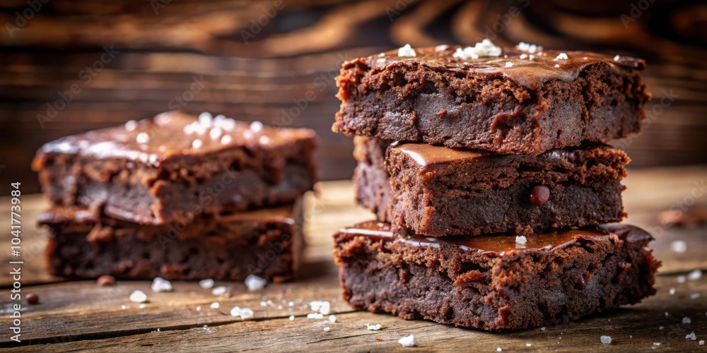 Poster a stack of fudgy brownies drizzled with chocolate and sprinkled with sea salt on a rustic wooden bac