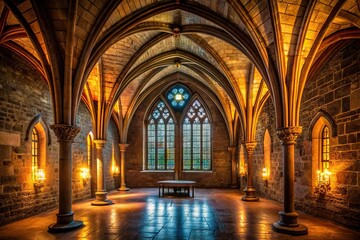 Candlelit medieval stone hall with arched ceilings and stained glass windows silhouette