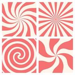 Fototapeta premium Candy cane or ice cream striped swirl backgrounds set. Twisted sunbeam pink sweet banners. Holiday texture