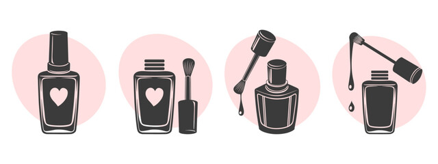 Set of nail studio logos. Nail polish bottle silhouette for nail industry. Beauty salon icons