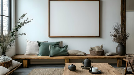 Minimalist Living Room Decor with Wooden Bench and Large Frame
