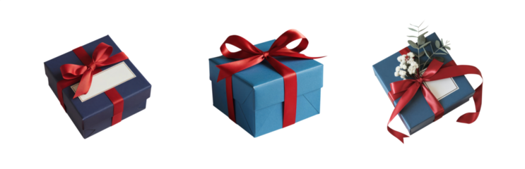 PNG Blue gift box with red ribbon. Collection of classic luxury gift boxes with elegant ribbons. Set of gift preset boxes with ribbon of various styles. Perfect for any celebration occasion project.