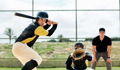 Man, baseball and training with bat on field, outdoor exercise and practice challenge. Male person, athlete and sports competition or fitness tournament, strike and score at match or game in arena