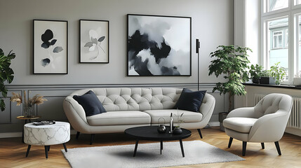 Modern Living Room Design with White Sofa, Black Coffee Table, and Grey Walls