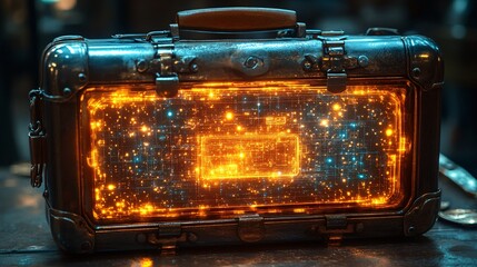 Obraz premium Digital Holograms Rising from a Futuristic Briefcase