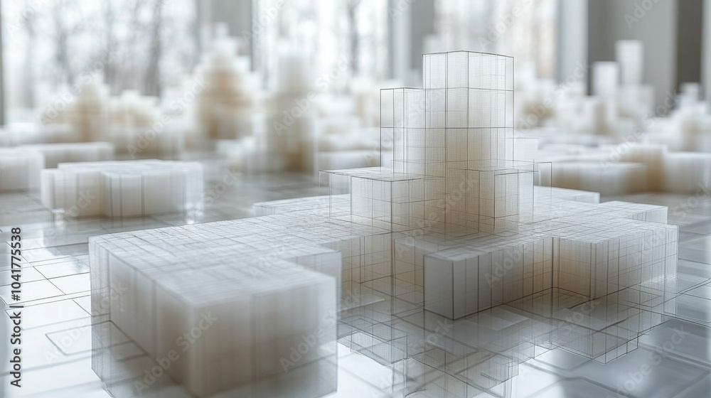 Aufkleber In a spacious, well-lit area, a collection of transparent geometric structures stands out, creating an abstract architectural landscape that captures attention.