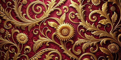 Burgundy Canvas with Gold Swirling Lines and Floral Motifs - High Depth of Field Art