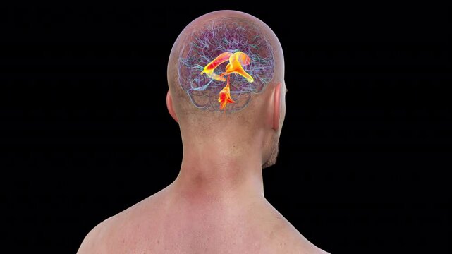 Ventricular system of the brain, 3D animation. The ventricles are cavities in the brain that are filled with cerebrospinal fluid (CSF).