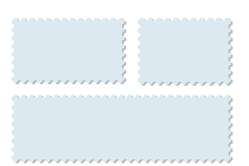 Set of blank postage stamps in vibrant colors. Jagged border postal sticker sticker template. Vector illustration.