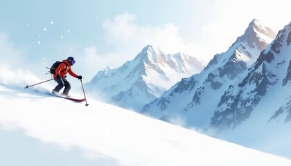 Skiing adventure with a person in red outfit on a snowy slope surrounded by mountains