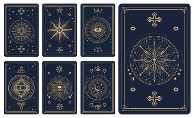 Tarot cards with magic and mystic pattern of vector line Moon and Sun, eye of providence, skull and hexagram. Witch or gypsy vintage tarot card back set with esoteric, occult and astrology symbols
