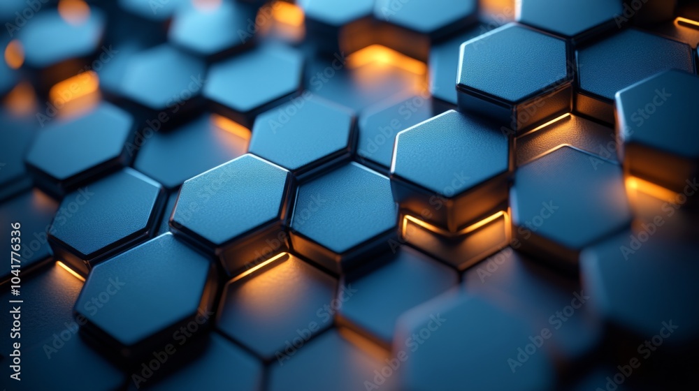 Poster The close-up view highlights a pattern of interconnected hexagons in dark blue, illuminated by soft glowing edges, creating a futuristic atmosphere.