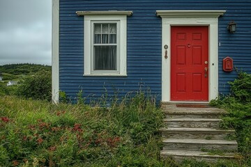 A charming blue house with a bright red door, surrounded by greenery and steps leading up to the entrance.