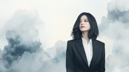Professional woman in stylish suit against a dreamy purple cloud background captivating image of success and aspiration