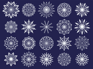 Snowflakes with different patterns set. Fragile snow crystals clip art collection. Simple outline image of snowflakes to create New Year and Christmas mood, vector graphics