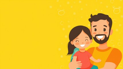 Obraz premium A joyful daddy proudly holds his smiling child in a warm embrace on a bright yellow background, showcasing family love and happiness. Generative AI