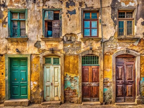 Candid Photography of Vintage Doors and Windows on an Old Wall for Urban Exploration and Architectural Photography