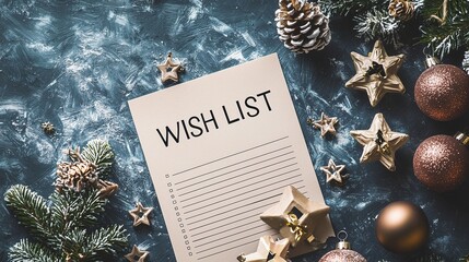 Festive wish list surrounded by christmas ornaments and pine branches.