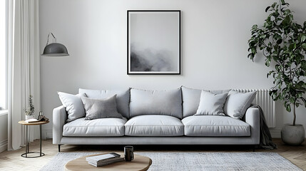 Modern Living Room Decor with Grey Sofa and Abstract Art