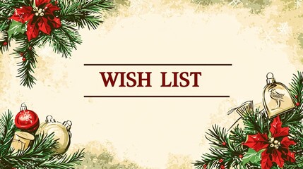 Festive christmas wish list template with ornaments and pine branches, evoking holiday spirit and gift planning.