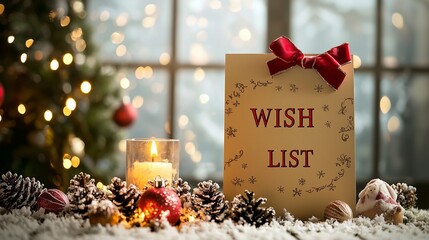 Christmas wish list with candle, pinecones, and festive decor, symbolizing holiday wishes and warmth.