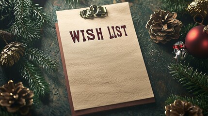 Christmas wish list with pine cones, fir branches, and ornaments, symbolizing holiday hopes and festive spirit.