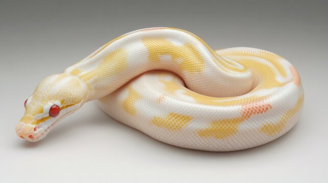 Albino ball python slithering, its pale skin and red eyes starkly contrasting against the white background.