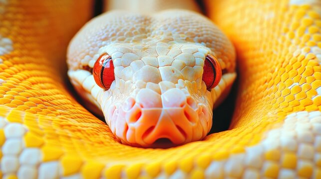 Albino ball python slithering, its pale skin and red eyes starkly contrasting against the white background.