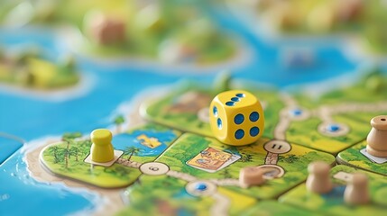 Obraz premium Creative and Engaging Modern Board Game with Custom Dice Cards and Game Pieces Arranged in a Minimalist Flat Lay Composition