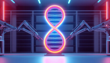 Fototapeta premium Neon DNA double helix sculpture with robotic arms in modern laboratory.