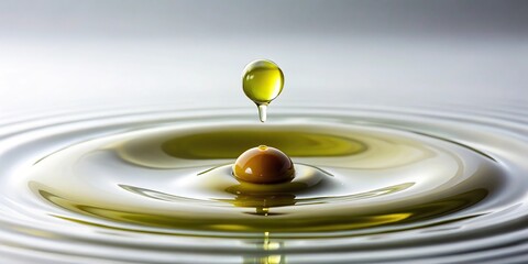 A single drop of olive liquid slowly falls from an unknown source onto a pristine white surface, leaving a small pool of slime, sensory experience, serene atmosphere, natural process