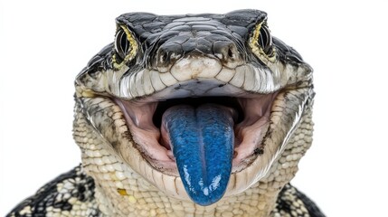 Blue-tongued skink flicking its vibrant blue tongue, posed calmly against a white background.