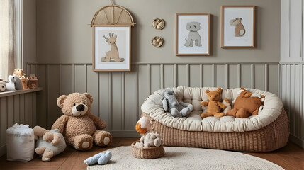 Cozy Playroom Decor with Stuffed Animals and a Wicker Sofa