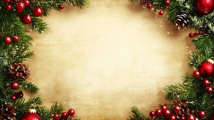 Festive border with pine branches, red ornaments, and pine cones, ideal for a christmas wish list template.