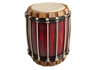 a red drum with white strings