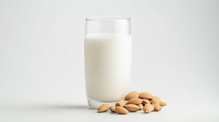 Refreshing almond milk in a glass with whole almonds against a minimalist background