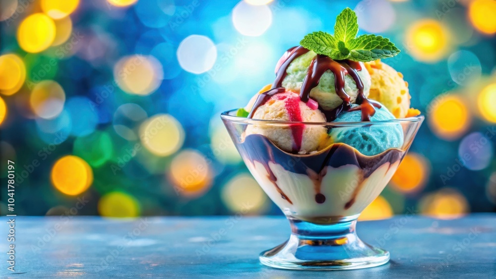 Poster a vibrant ice cream sundae with chocolate sauce and colorful toppings, served in a glass bowl on a t