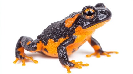 Fire-bellied toad with its bright orange and black belly, positioned against a white background for contrast.