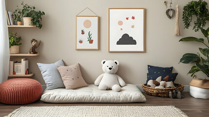 Cozy Playroom Decor with White Teddy Bear and Pillows