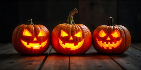 Close-up of glowing pumpkins with spooky carved scary faces in a dark background