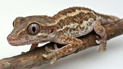 Obraz premium Gargoyle gecko with its marbled skin pattern, gripping onto a branch, isolated on white.