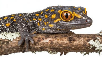 Obraz premium Gargoyle gecko with its marbled skin pattern, gripping onto a branch, isolated on white.