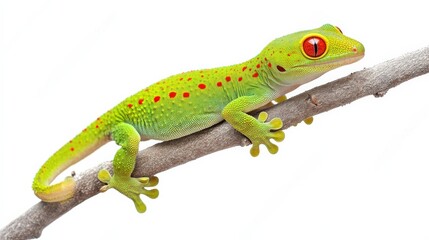 Fototapeta premium Giant day gecko with its vibrant green body and red spots perched on a branch, isolated on white.